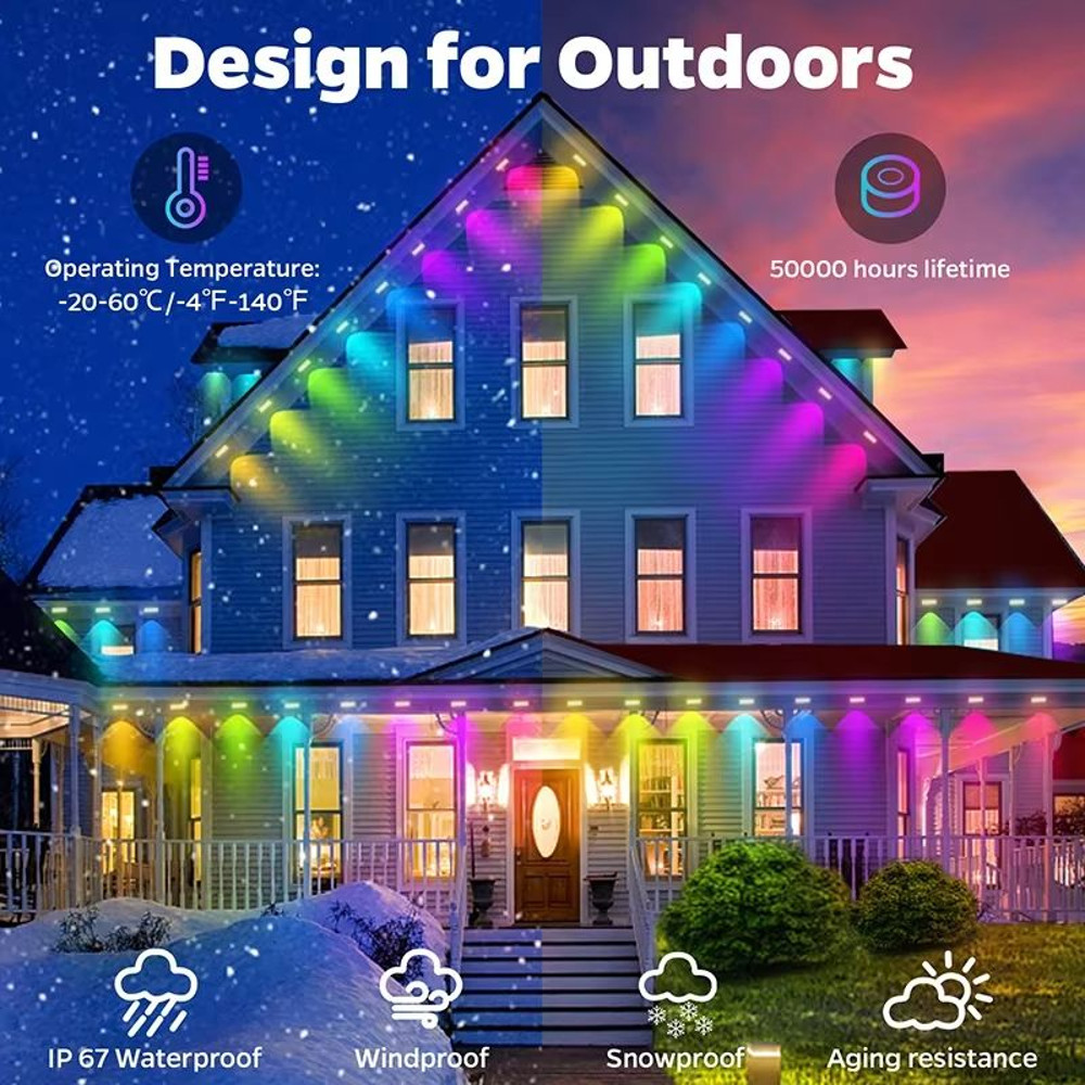 100 FT Waterproof RGB Outdoor Eaves String Lights Bluetooth App Control 4