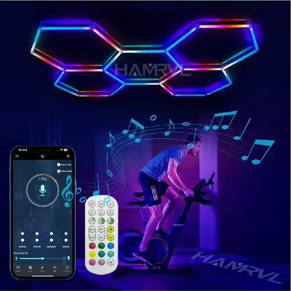 RGB Hexagon LED Garage Ceiling Light Music Sync Panel Lighting For Gym Game Room Events 3