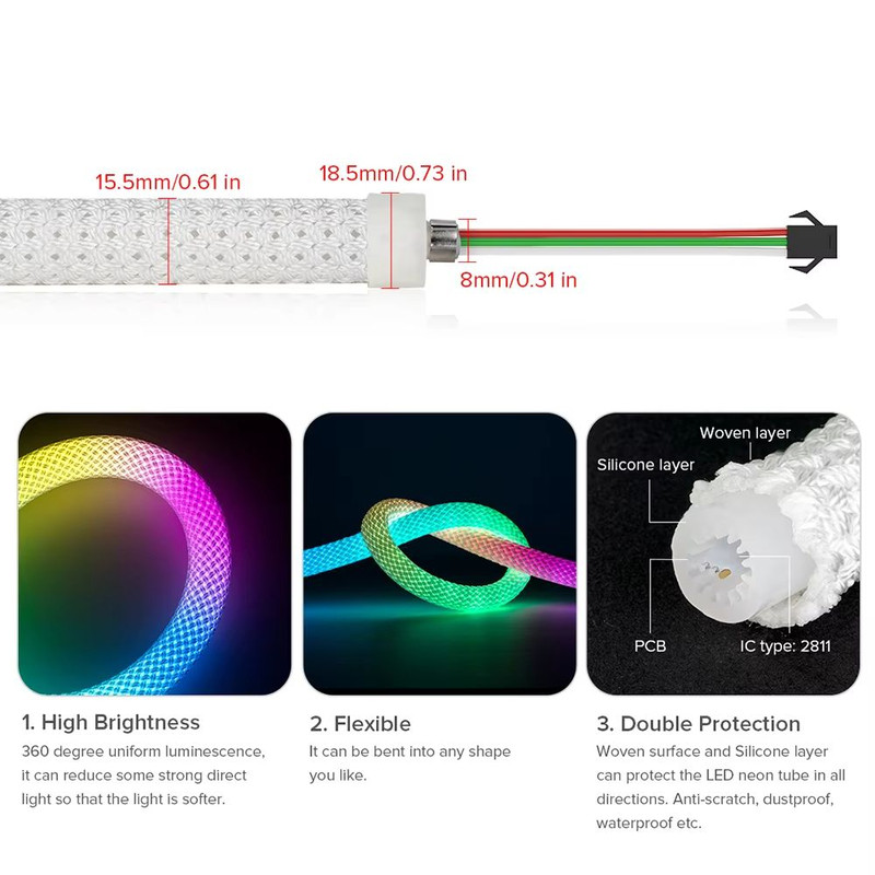 WS2812B 360 Addressable Neon LED Strip Smart RGB Pixel Light With Reticulate Round Design IP67 5V 1