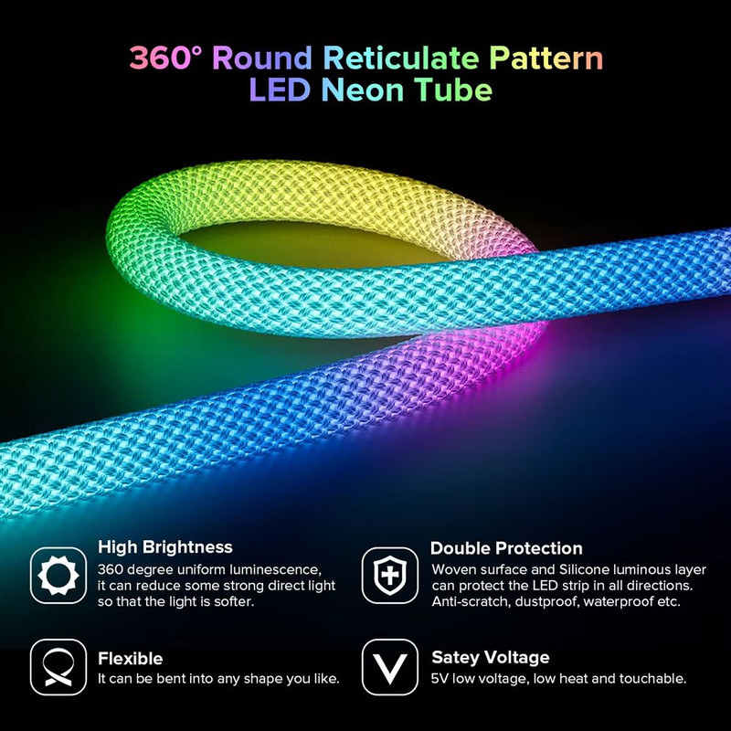 WS2812B 360 Addressable Neon LED Strip Smart RGB Pixel Light With Reticulate Round Design IP67 5V 2