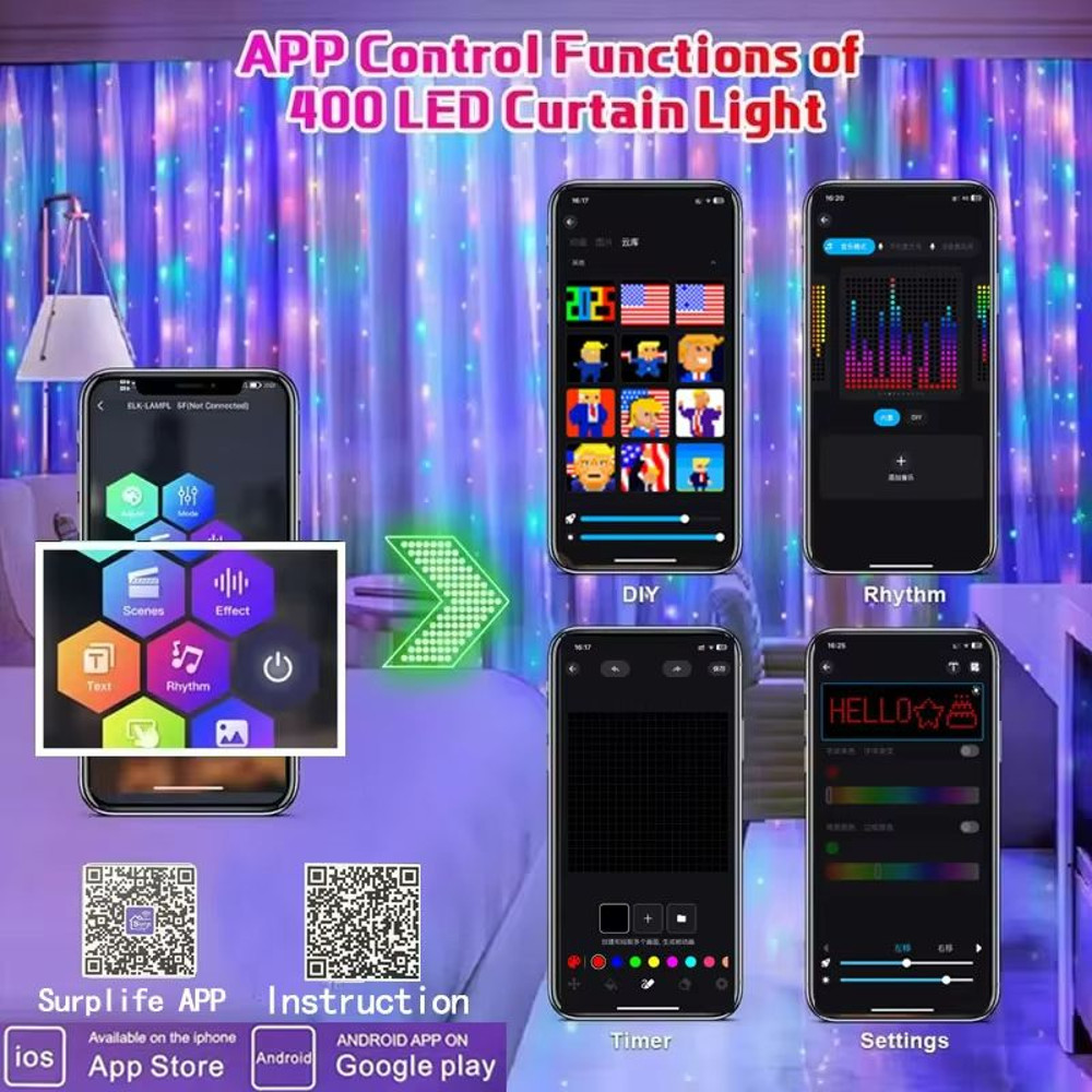 Smart 400 LED Music Sync Curtain Fairy Lights App Remote RGB Color Changing Curtain Lights 1