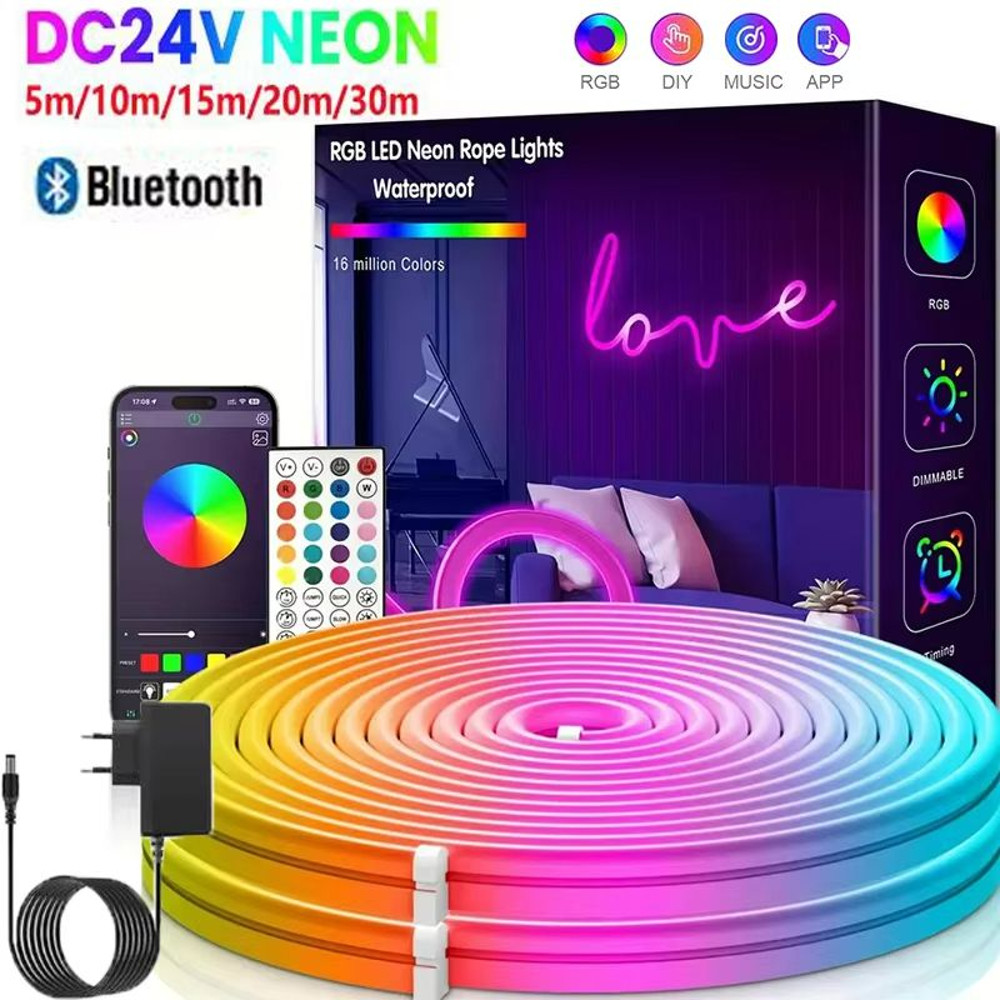 VividGlow 24V RGB Neon LED Strip Light With Bluetooth Music Sync 5m To 30m 0