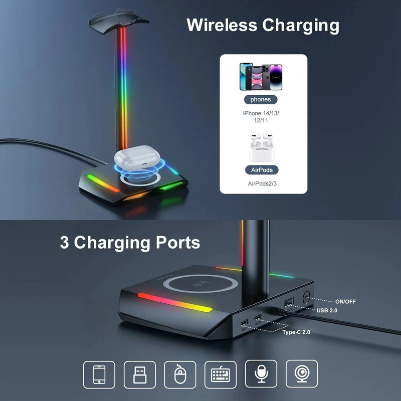 DeskGlow Z12 RGB Headphone Stand With Wireless Charging Base Gaming Headphone Stand With USB Ports 4