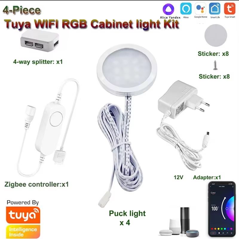 DC12V Tuya WiFi RGB Under Cabinet Puck Lights With Remote And Voice Control 3