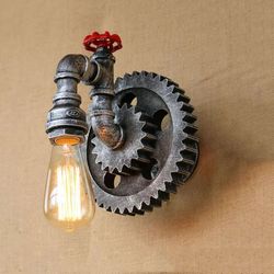 vintage gear wheel wall sconce – industrial retro loft light with iron & wood design
