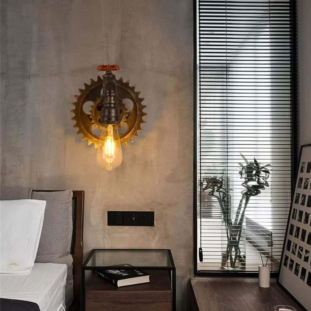 Vintage Gear Wheel Wall Sconce Industrial Retro Loft Light With Iron Wood Design 2