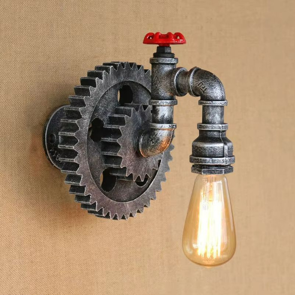 Vintage Gear Wheel Wall Sconce Industrial Retro Loft Light With Iron Wood Design 3