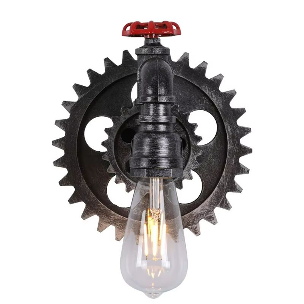 Vintage Gear Wheel Wall Sconce Industrial Retro Loft Light With Iron Wood Design 5