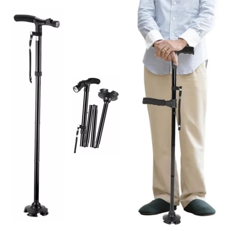 Adjustable Folding Walking Cane With LED Light Lightweight AntiSlip Support For Seniors 0