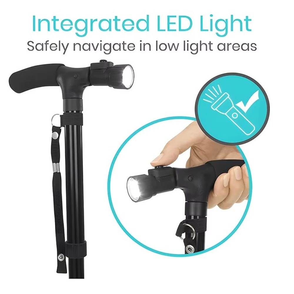Adjustable Folding Walking Cane With LED Light Lightweight AntiSlip Support For Seniors 2