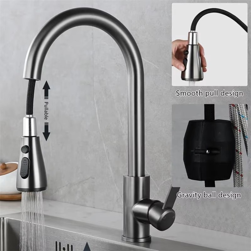 Brushed Nickel PullOut Kitchen Faucet DeckMounted Sink Tap With Stream Spray Modes For Hot And Co 9