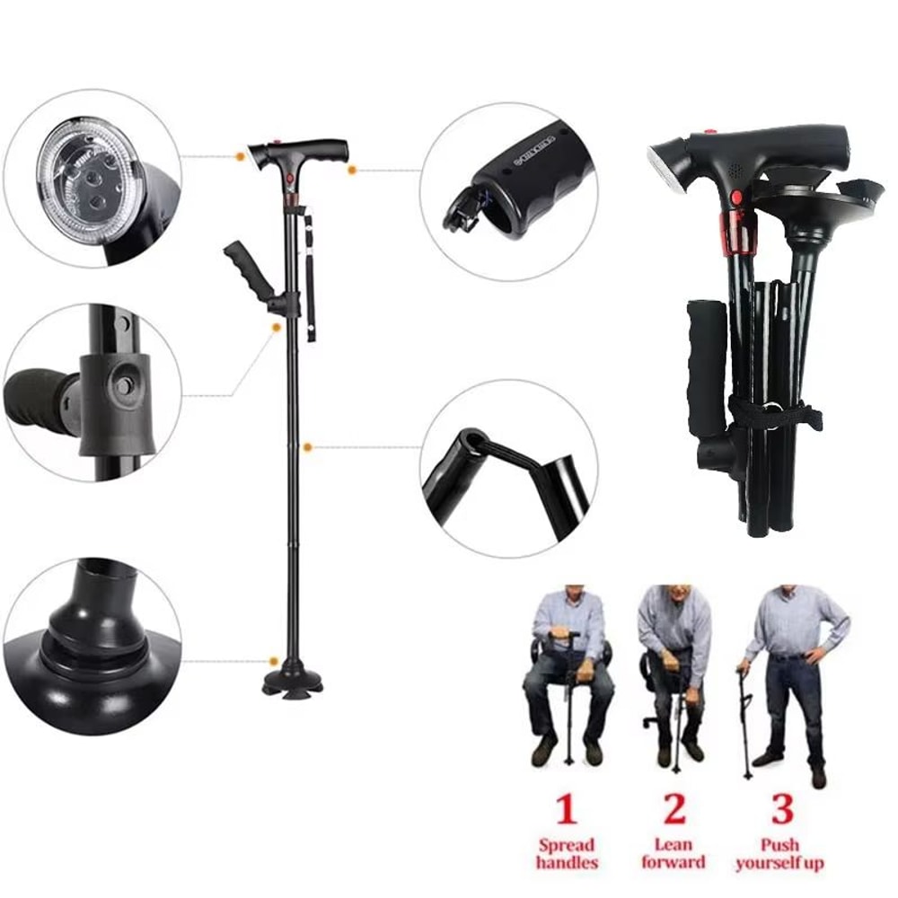 Collapsible Telescopic Walking Cane With LED Light And Alarm Folding Cane For Seniors With Adjusta 3