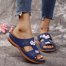 elegant bloom leather wedges – flower embroidered sandals for everyday summer comfort