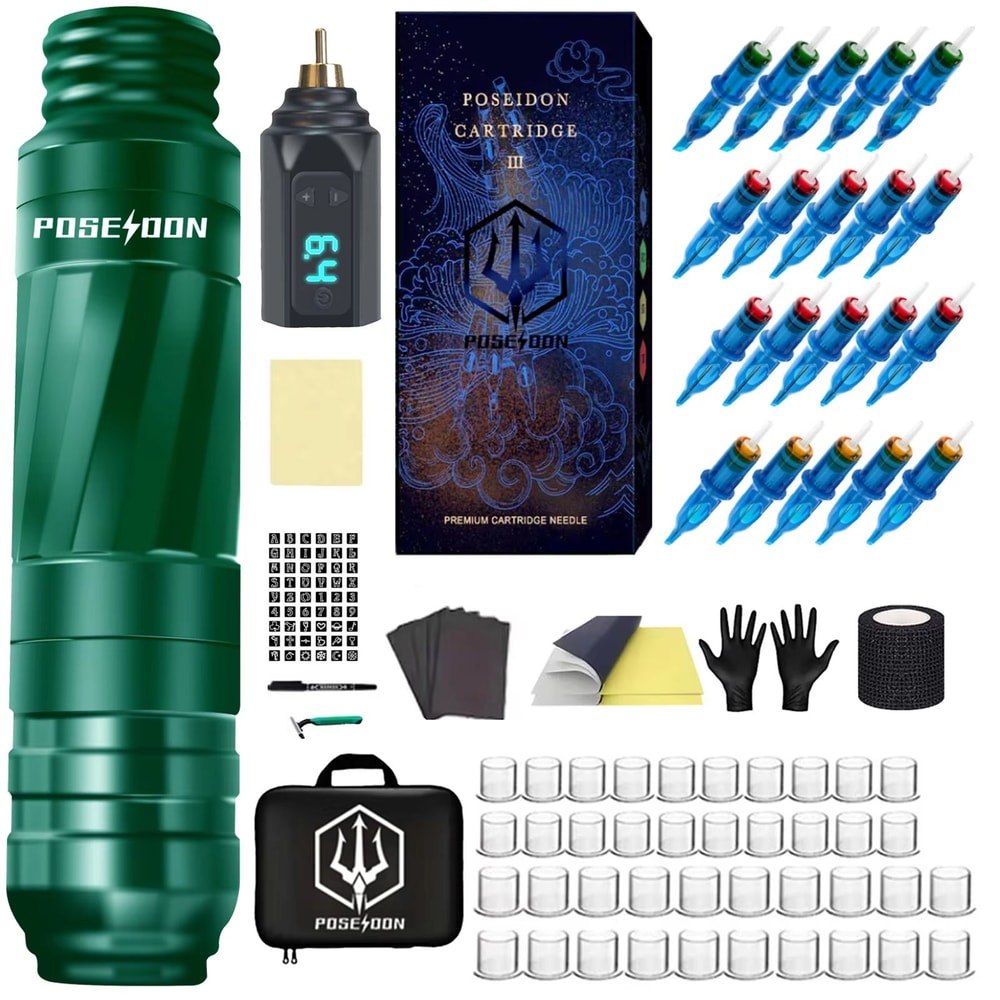 POSEIDON Professional Tattoo Pen Kit With Rotary Electric Tattoo Machine And Power Supply For Artis 0