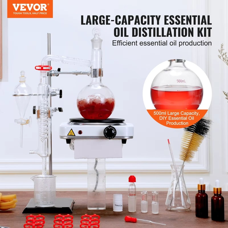 Premium VEVOR Essential Oil Distillation Kit 500ml Glass Flask 1kW Heating Plate 1