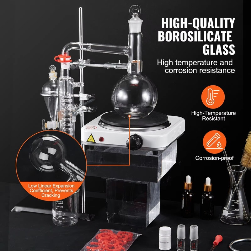 Premium VEVOR Essential Oil Distillation Kit 500ml Glass Flask 1kW Heating Plate 2