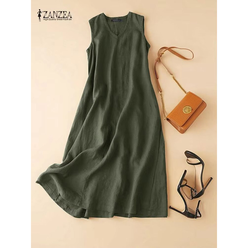 ZANZEA BreezeFlow Womens Summer Sleeveless Dress VNeck Casual Loose Sundress With Vintage Charm 0