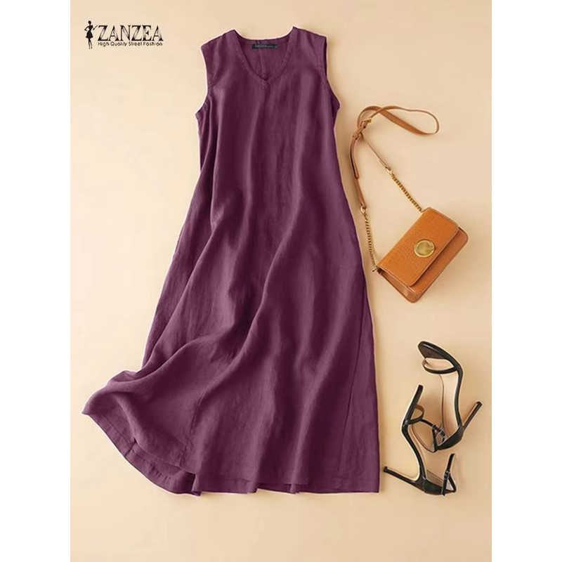 ZANZEA BreezeFlow Womens Summer Sleeveless Dress VNeck Casual Loose Sundress With Vintage Charm 3