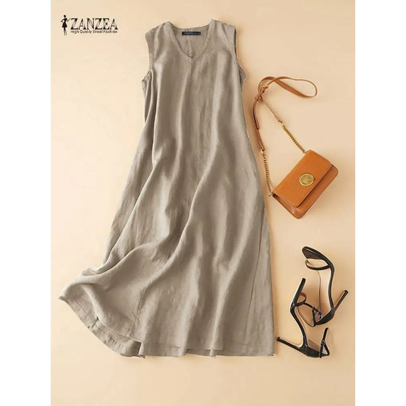 ZANZEA BreezeFlow Womens Summer Sleeveless Dress VNeck Casual Loose Sundress With Vintage Charm 13