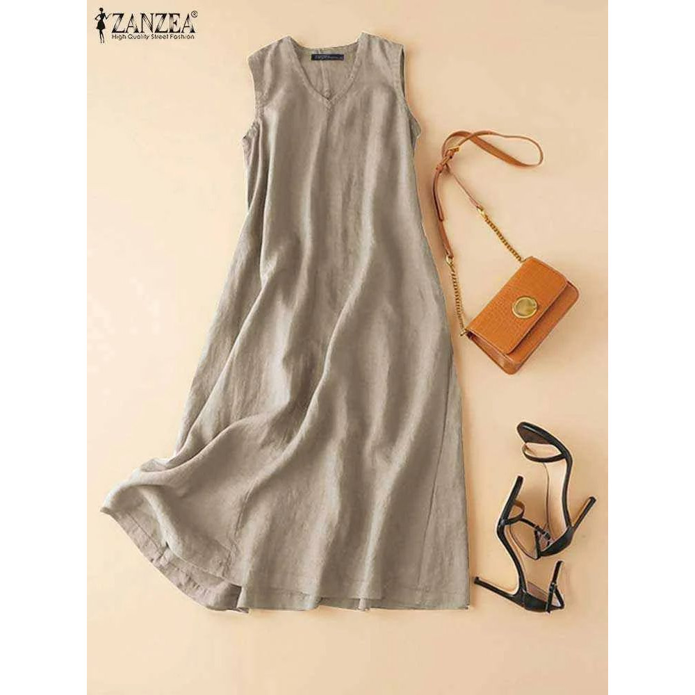 ZANZEA BreezeFlow Womens Summer Sleeveless Dress VNeck Casual Loose Sundress With Vintage Charm 5