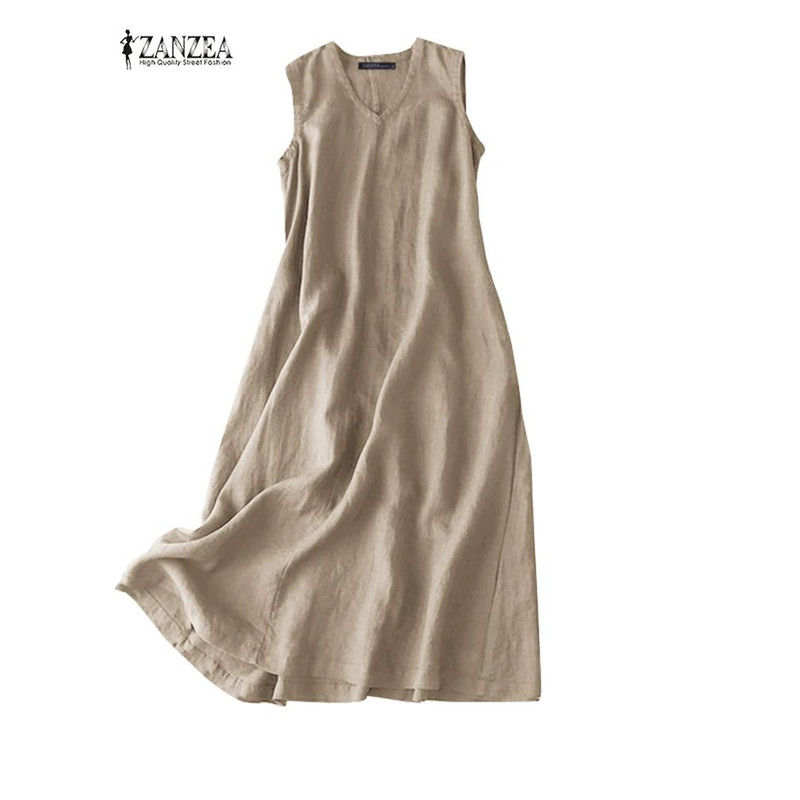ZANZEA BreezeFlow Womens Summer Sleeveless Dress VNeck Casual Loose Sundress With Vintage Charm 6