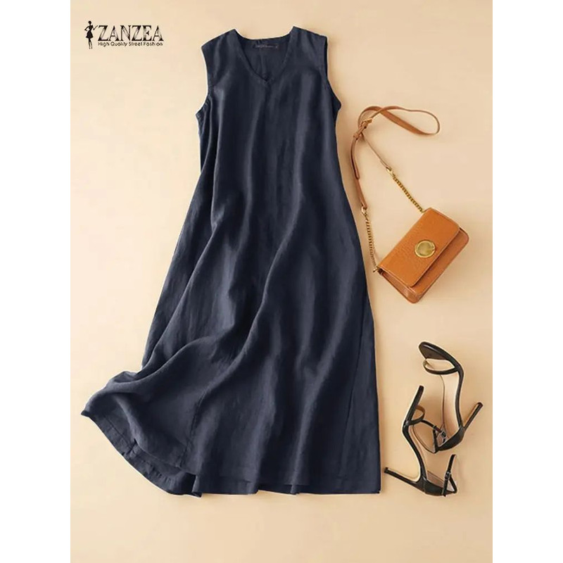 ZANZEA BreezeFlow Womens Summer Sleeveless Dress VNeck Casual Loose Sundress With Vintage Charm 7