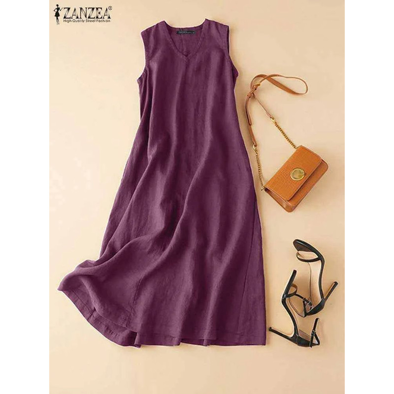 ZANZEA BreezeFlow Womens Summer Sleeveless Dress VNeck Casual Loose Sundress With Vintage Charm 16