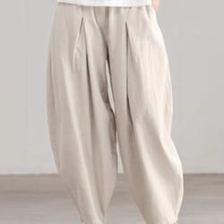 women summer cotton wide leg pants elastic waist loose casual trousers