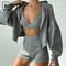 Women Three Piece Tracksuit Set Hooded Jacket Bra And Shorts Casual Sport Outfit 0