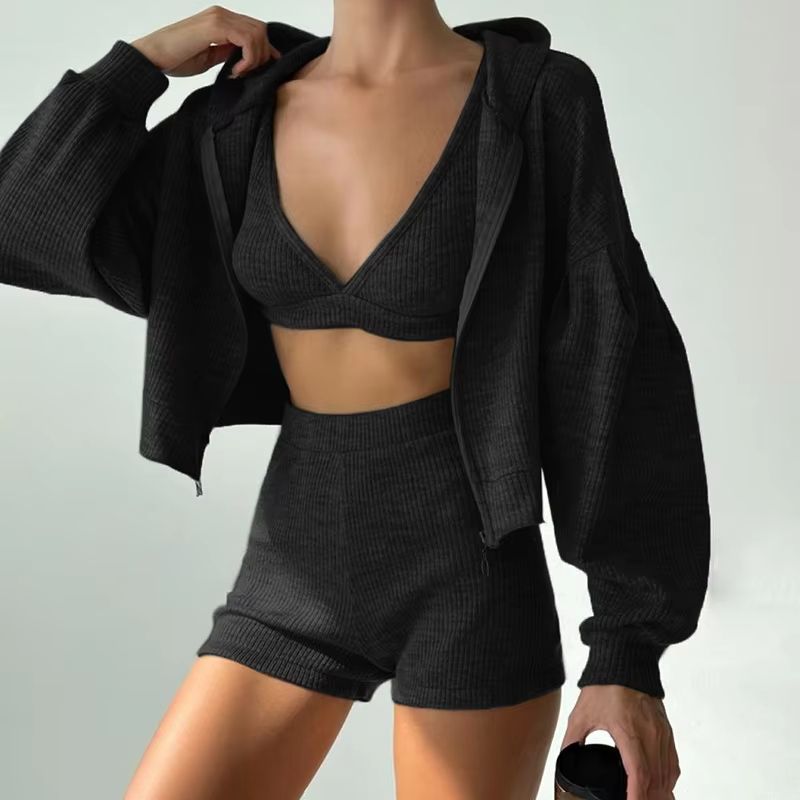 Women Three Piece Tracksuit Set Hooded Jacket Bra And Shorts Casual Sport Outfit 8