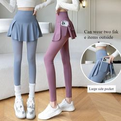 elevatefit fake two-piece high waist yoga pants with pocket