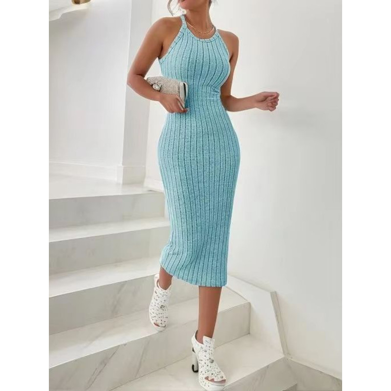 Solid Halter Neck Bodycon Midi Dress Slim Fit High Waist Elegant Summer Dress For Women 0