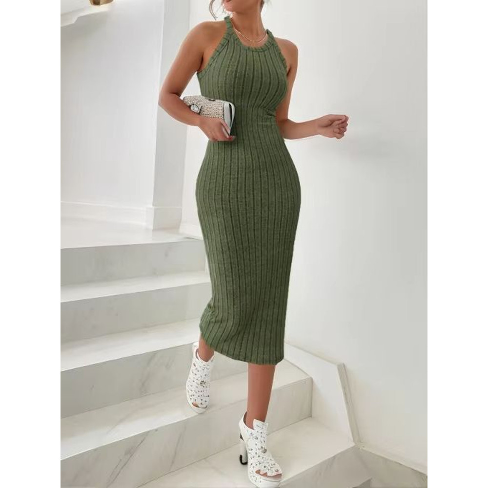 Solid Halter Neck Bodycon Midi Dress Slim Fit High Waist Elegant Summer Dress For Women 9