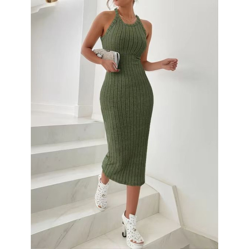Solid Halter Neck Bodycon Midi Dress Slim Fit High Waist Elegant Summer Dress For Women 9