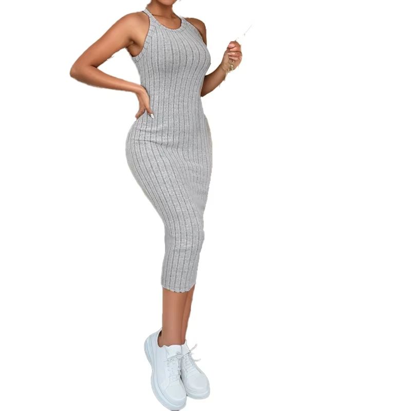 Solid Halter Neck Bodycon Midi Dress Slim Fit High Waist Elegant Summer Dress For Women 3