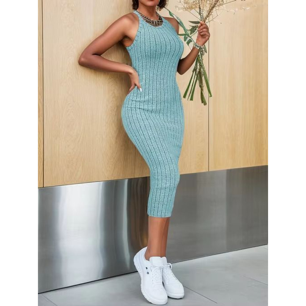 Solid Halter Neck Bodycon Midi Dress Slim Fit High Waist Elegant Summer Dress For Women 6