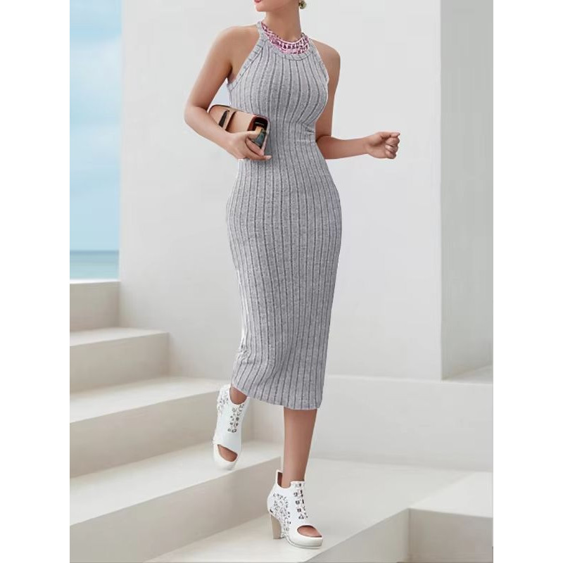 Solid Halter Neck Bodycon Midi Dress Slim Fit High Waist Elegant Summer Dress For Women 7