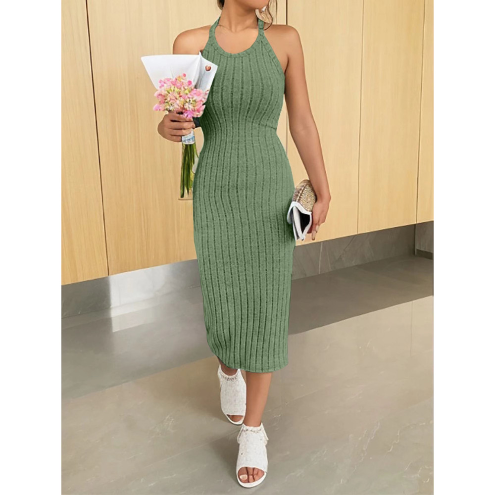 Solid Halter Neck Bodycon Midi Dress Slim Fit High Waist Elegant Summer Dress For Women 8
