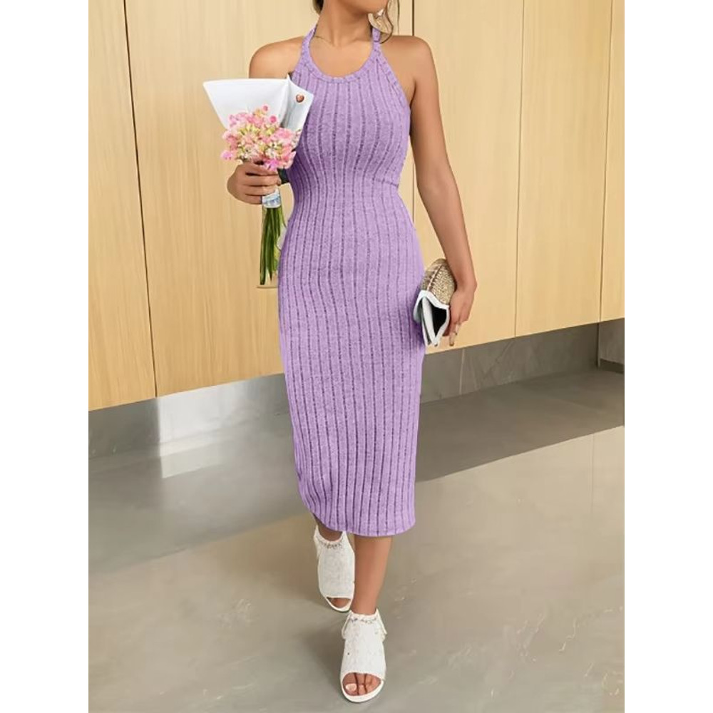 Solid Halter Neck Bodycon Midi Dress Slim Fit High Waist Elegant Summer Dress For Women 10