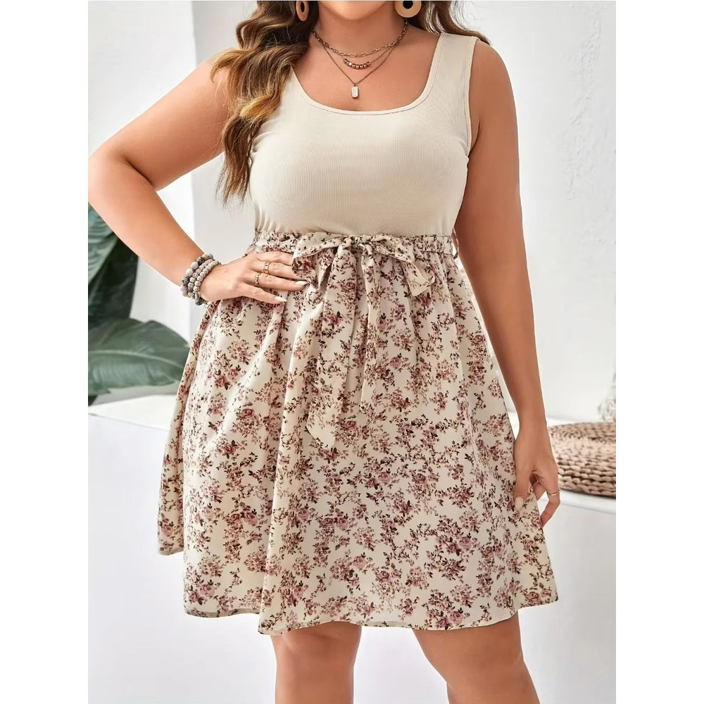 Elegant Floral Knit Plus Size Summer Dress Sleeveless KneeLength Tummy Control 0