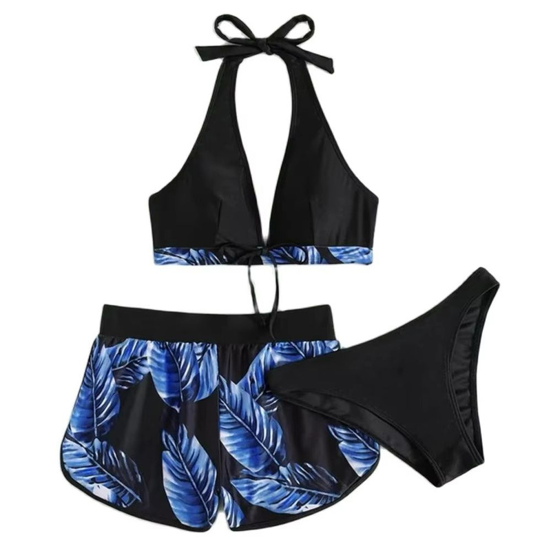 TropiLeaf Halter 3Piece Swimsuit Set HighWaisted Leaf Print Bikini 0