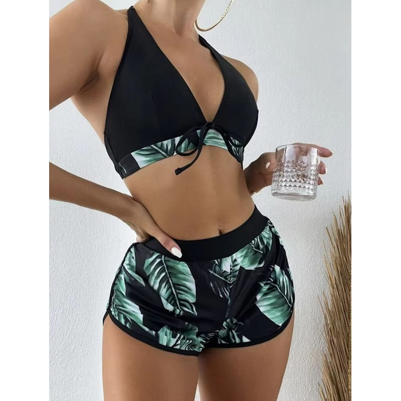 TropiLeaf Halter 3Piece Swimsuit Set HighWaisted Leaf Print Bikini 9