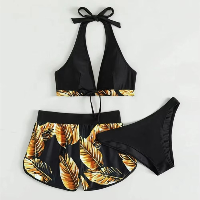 TropiLeaf Halter 3Piece Swimsuit Set HighWaisted Leaf Print Bikini 2