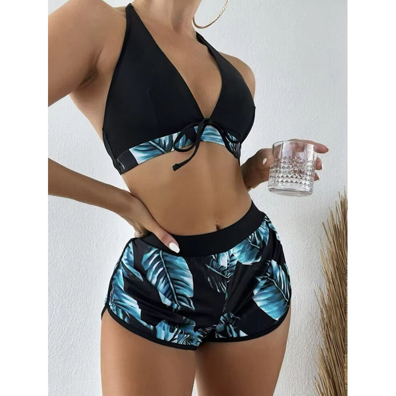 TropiLeaf Halter 3Piece Swimsuit Set HighWaisted Leaf Print Bikini 6