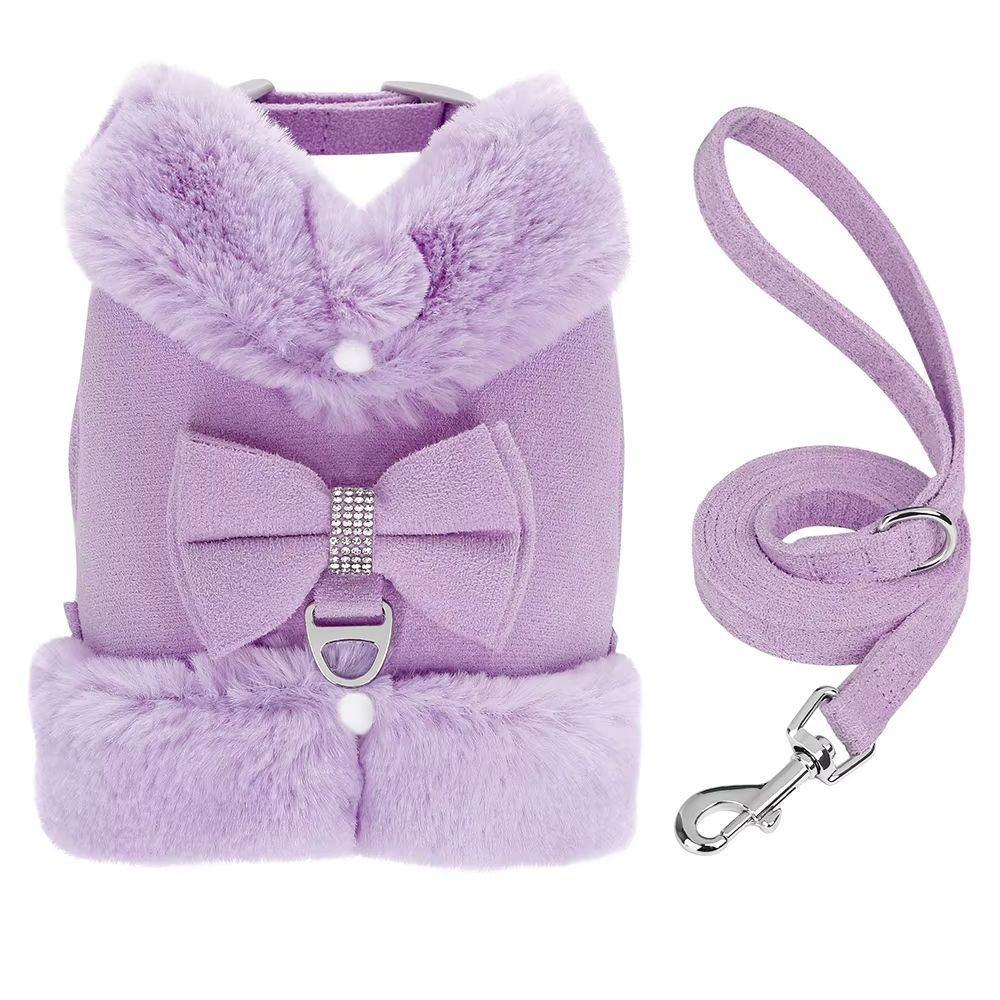 SnuggleSpark Fur Dog Harness Set Rhinestone Bow For Warm Puppy Coats 9
