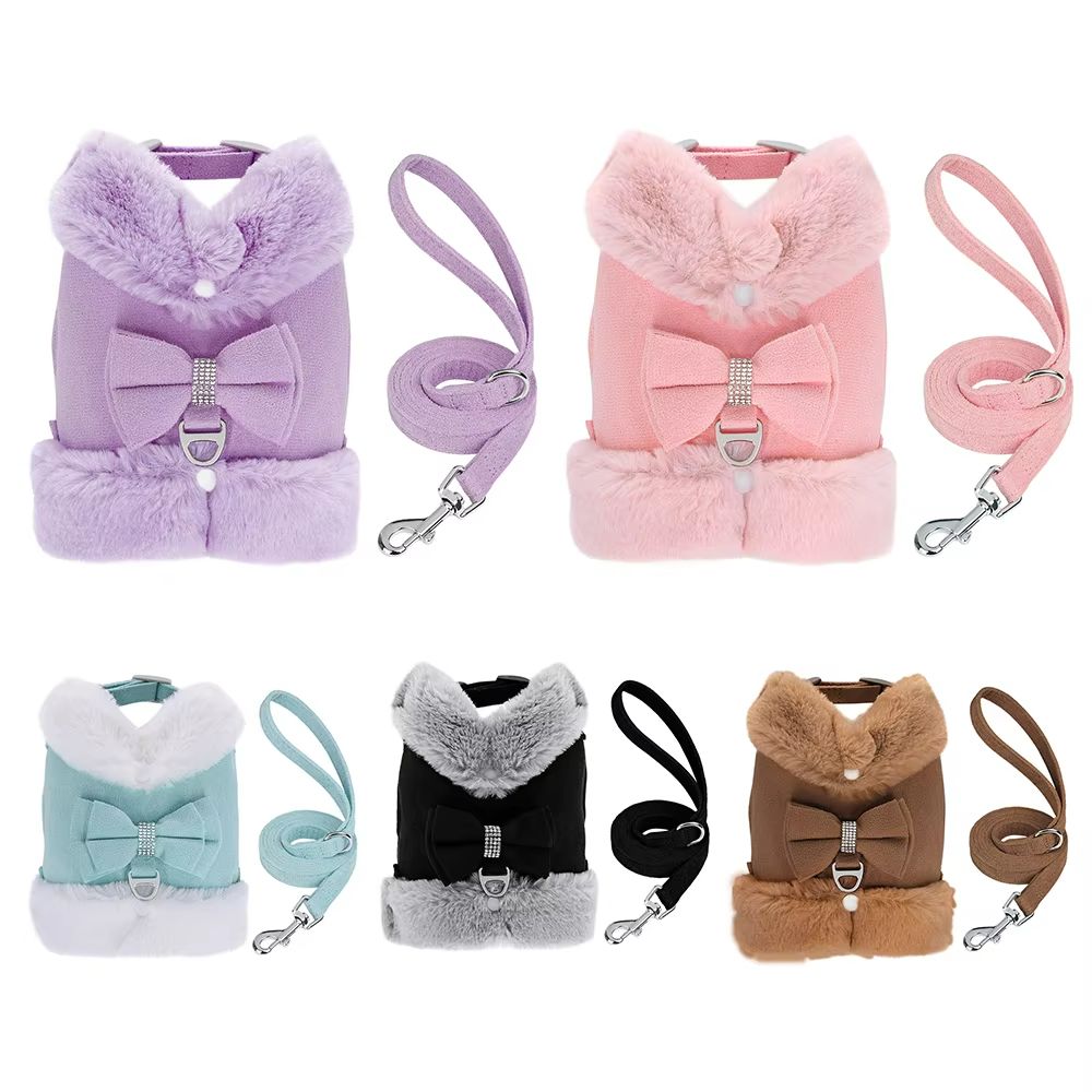 SnuggleSpark Fur Dog Harness Set Rhinestone Bow For Warm Puppy Coats 1