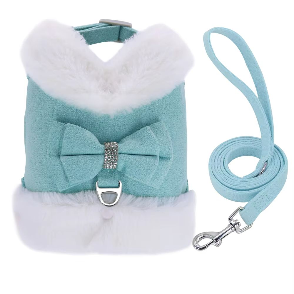 SnuggleSpark Fur Dog Harness Set Rhinestone Bow For Warm Puppy Coats 7