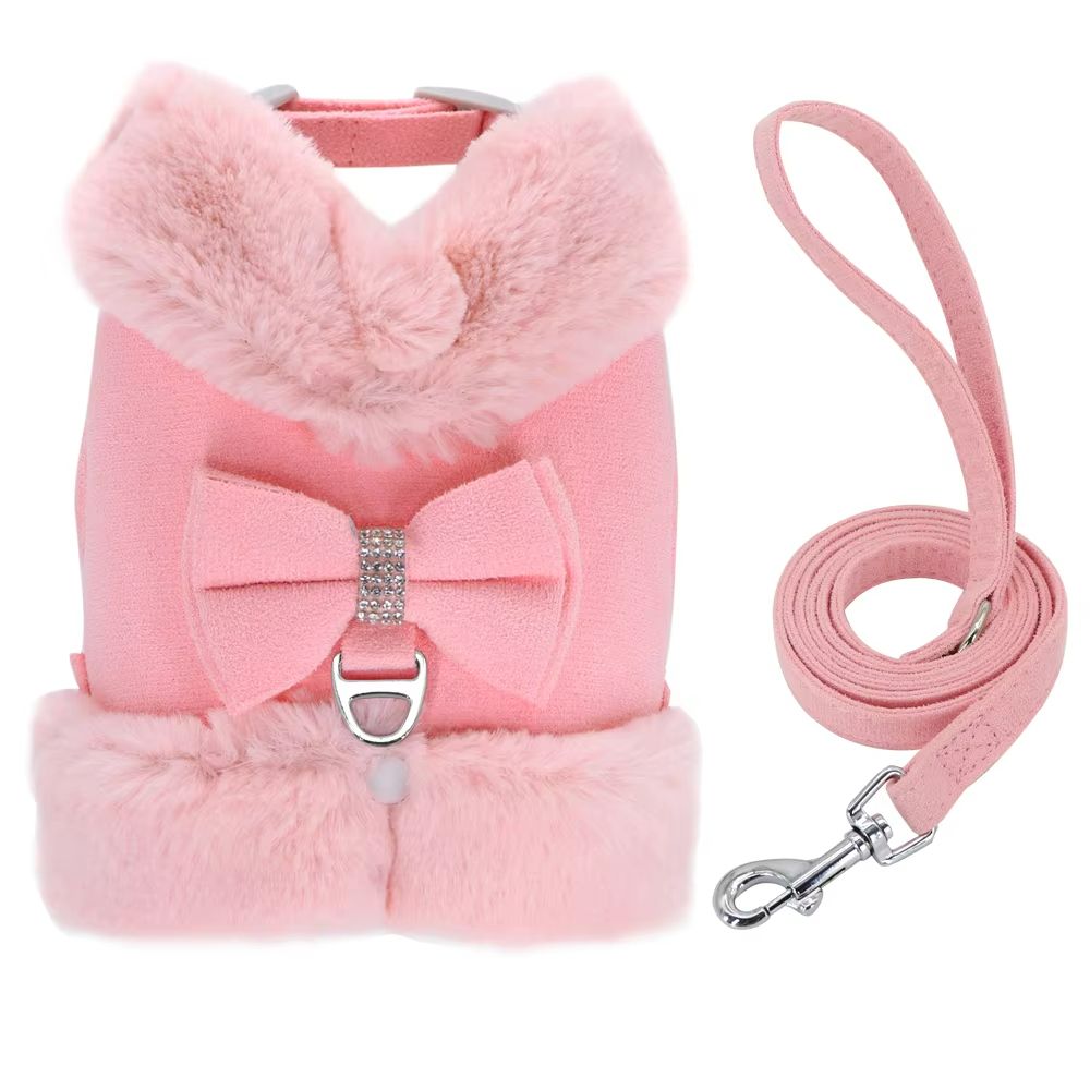 SnuggleSpark Fur Dog Harness Set Rhinestone Bow For Warm Puppy Coats 8