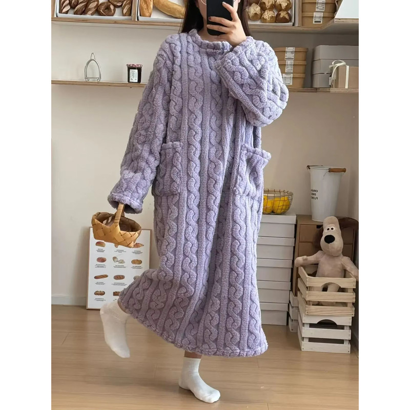 Cozy Haven Long Sleeve Flannel Nightgown With Double Pockets 11