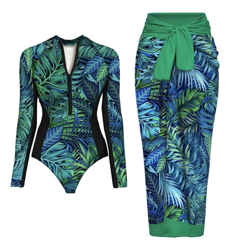Womens Long Sleeve One Piece Swimsuit With Wrap Skirt Vintage Print Surfing Bathing Suit 0